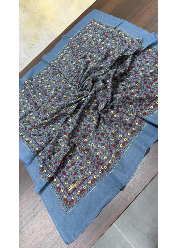 Lorenda Otantik %100 Organik Cotton Yazma Eşarp Çiçekli Kot Mavi