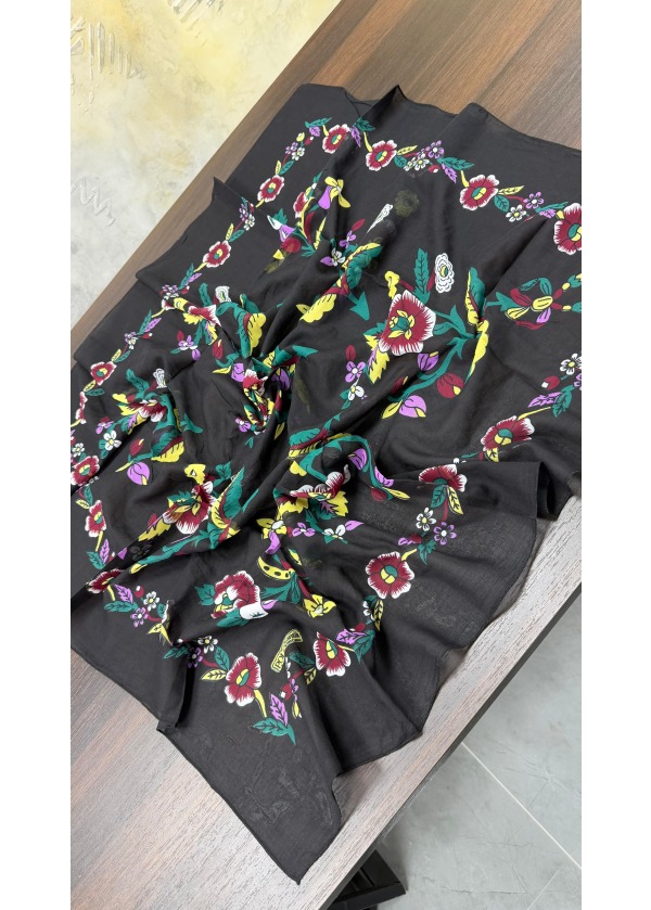 Lorenda Otantik %100 Organik Cotton Yazma Eşarp Siyah Mor