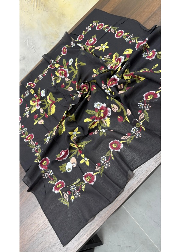 Lorenda Otantik %100 Organik Cotton Yazma Eşarp Siyah Bordo